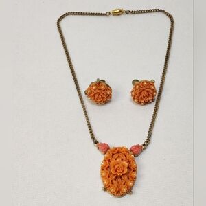 Vintage 1940s Coral Celluloid Rose and Tiny Pearl Necklace & Earrings Set
